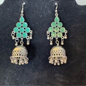 Green and Silver Boho Jhumka Earrings